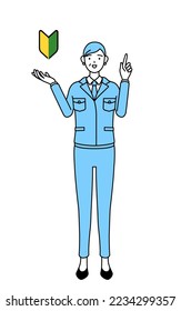Management, managers, plant manager, a senior woman in work wear showing the symbol for young leaves.