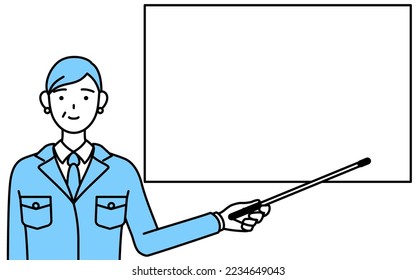 Management, managers, plant manager, a senior woman in work wear pointing at a whiteboard with an indicator stick.