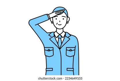 Gerente, gerentes, gerente de planta, una mujer de alto rango en ropa de trabajo haciendo un saludo de estilo militar
