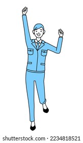 Management, managers, plant manager, a senior woman in work wear smiling and jumping.