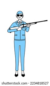 Management, managers, plant manager, a senior woman in work wear wearing sunglasses and holding a rifle.