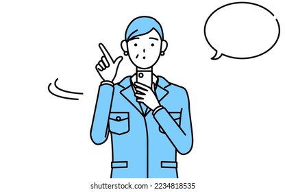 Management, managers, plant manager, a senior woman in work wear operating a smartphone.