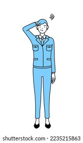 Management, managers, plant manager, a senior woman in work wear scratching his head in distress.