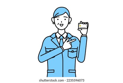 Management, managers, plant manager, a senior woman in work wear recommending credit card payment.