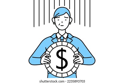 Management, managers, plant manager, a senior woman in work wear, an image of exchange loss or dollar depreciation