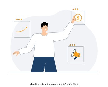 Gestión de la mercadotecnia con un sistema de digitalización, facilitando la gestión de ingresos, ilustración vectorial de empresarios.