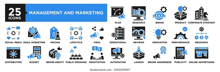 Management and Marketing icon collection set. Containing design strategy, business, analysis, marketing, management	
