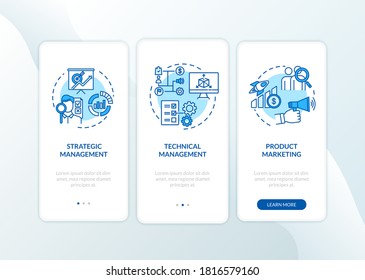 Management and marketing onboarding mobile app page screen with concepts. Marketing and commerce. Business walkthrough 3 steps graphic instructions. UI vector template with RGB color illustrations