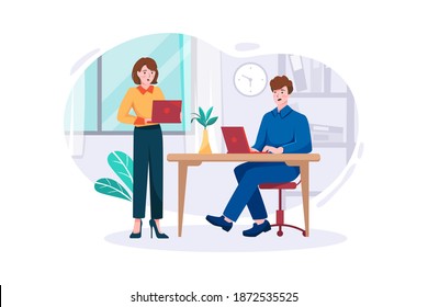 Management meeting for giving information or instructions. Male boss, attractive female secretary at daily business briefing, office helper assists, gets tasks. svg