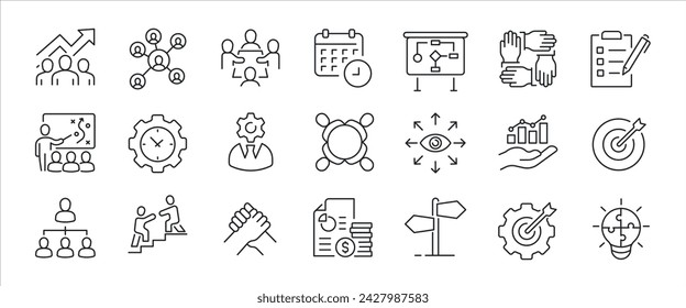 Management minimal thin line icons. Related teamwork, employemnt, planning, monitoring. Vector illustration.