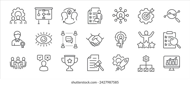 Iconos mínimos de la línea delgada de la gestión. Trabajo en equipo relacionado, empleo, planificación, supervisión. Ilustración vectorial.