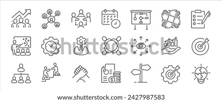 Management minimal thin line icons. Related teamwork, employemnt, planning, monitoring. Vector illustration.