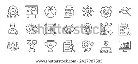 Management minimal thin line icons. Related teamwork, employemnt, planning, monitoring. Vector illustration.
