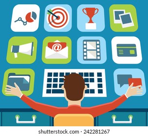 Management of mobile application. Touch screen interface on workplace - vector illustration