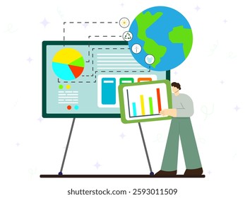 Management of natural energy resources in world concept . A man holding screen of line graphs with data distribution of renewable energy on presentation board. 