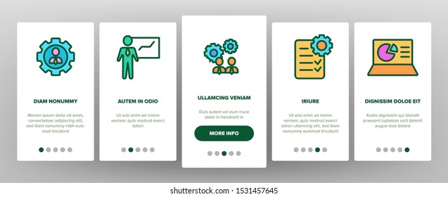 Management Onboarding Mobile App Page Screen Vector Thin Line. Business Planning And Presentation, Management Staff And Project Concept Linear Pictograms. Color Contour Illustrations