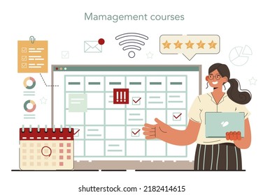 Management online service or platform. Successful strategy, motivation and leadership. Project manager, company ceo. Online courses. Flat vector illustration