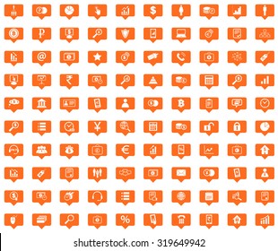 Management orange message icons set, images in filled chat bubbles on white background