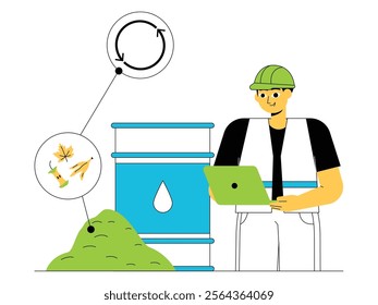 Management of organic waste by experts to be used as alternative energy called biomass, green energy vector illustration.