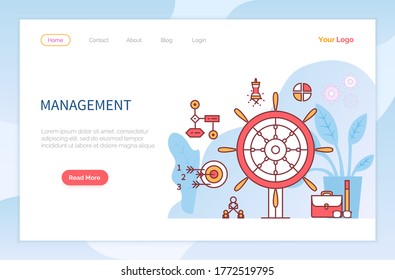 Management and organization of work. Wheel and icons outline. Structure in organization. Business company technology and strategy. Website or webpage template, landing page vector in flat style