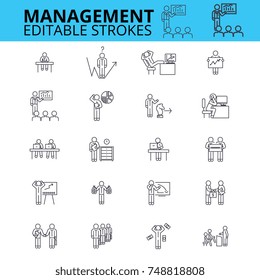Management ouline vector icons. Editable strokes. Businessman signs set. Human resources thin line icons. Business management process logo