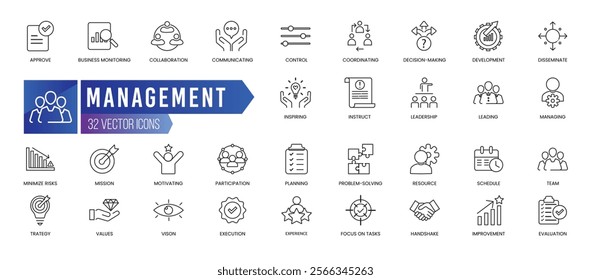 MANAGEMENT - Outline Icon Collection. Thin Line Set contains such Icons as Approve, Business Monitoring, Collaboration, Communicating and more. Simple web icons set.