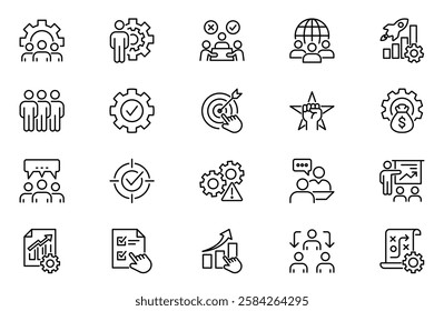 Management outline icon set. Collection of teamwork, training, development, and more. Vector illustration. Editable stroke.