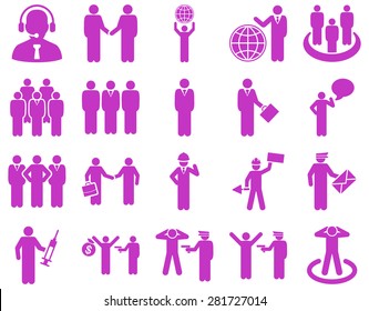 Management and people occupation icon set. These flat symbols use violet color. Vector images are isolated on a white background. Angles are rounded.