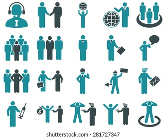 Management and people occupation icon set. These flat bicolor symbols use soft blue colors. Vector images are isolated on a white background. Angles are rounded.