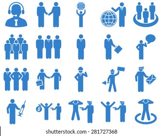 Management and people occupation icon set. These flat symbols use cobalt color. Vector images are isolated on a white background. Angles are rounded.