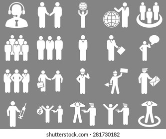 Management and people occupation icon set. These flat symbols use white color. Vector images are isolated on a gray background. Angles are rounded.