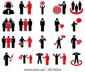 Management and people occupation icon set. These flat bicolor symbols use intensive red and black colors. Vector images are isolated on a white background. Angles are rounded.
