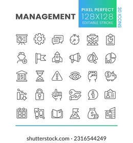 Management pixel perfect linear icons set. Business and work. Employees. Career growth. Customizable thin line symbols. Isolated vector outline illustrations. Editable stroke. Poppins font used