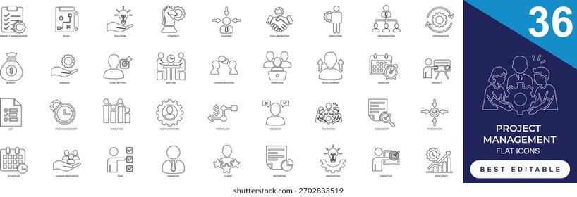 conjunto de ícones de gerenciamento e planejamento com elementos de trabalho em equipe, planejamento, estratégia, gerente, gerenciamento, colaboração, decisão e desenvolvimento de negócios. design de linha limpa e projetos profissionais.