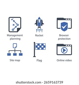Managementplanung, Rakete, Browserschutz, Siteübersicht, Flag, Online-Video, Symbol