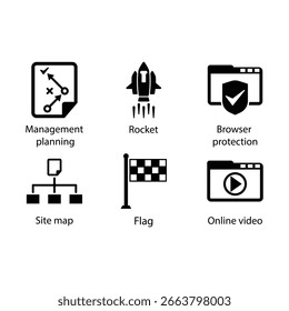 Management planning, Rocket, Browser protection, Site map, Flag, Online video, icon