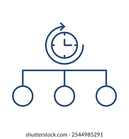 Posições de Gerenciamento em Ícone de Meio Período - Organograma com Relógio, Representando Funções Flexíveis de Liderança, Horas Reduzidas e Saldo de Funcionário