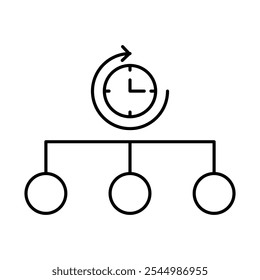 Posições de Gerenciamento em Ícone de Meio Período - Organograma com Relógio, Representando Funções Flexíveis de Liderança, Horas Reduzidas e Saldo de Funcionário