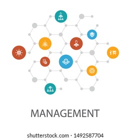 Management presentation template, cover layout and infographics. manager, control, organization, icons