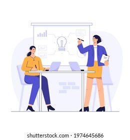 Management presents a work plan for employee optimization in the meeting room. vector illustration flat design