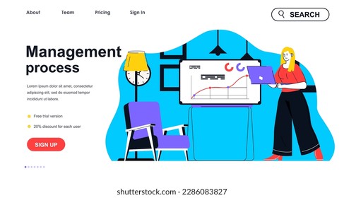 Management process concept for landing page template. Woman manager works with presentation on laptop. Office workflow people scene. Vector illustration with flat character design for web banner
