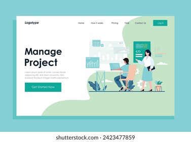 Management project landing page. Teamwork control and manage software as business process flow planning vector illustration. Task organization system.