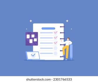 Management of projects and tasks. an employee and a to-do list. give a tick. Manage tasks so that they can be completed effectively, quickly, optimally, and precisely. illustration concept design