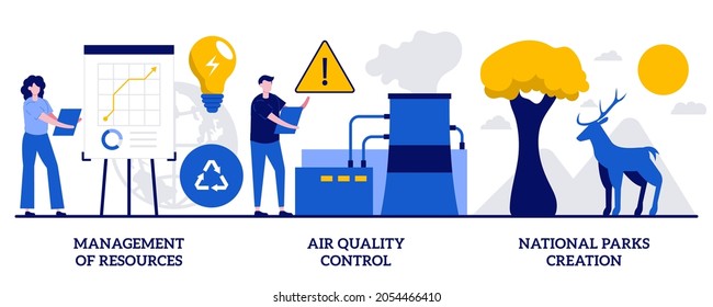 Management of resources, air quality control, national parks creation concept with tiny people. Environmental control abstract vector illustration set. Renewable energy, pollution prevention metaphor.