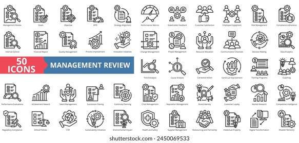 Management review icon collection set. Containing goal, objective, KPIS, strategy alignment, performance metric, stakeholder feedback, customer satisfaction icon. Simple line vector.