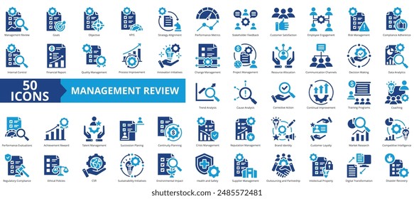 Management review icon collection set. Containing goal, objective, KPIS, strategy alignment, performance metric, stakeholder feedback, customer satisfaction icon. Simple flat vector.