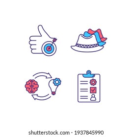 Management RGB color icons set. Overcoming procrastination. Clothing element. Self-awareness. Maintenance inspection. Goal accomplishment. Accounts, records verification. Isolated vector illustrations