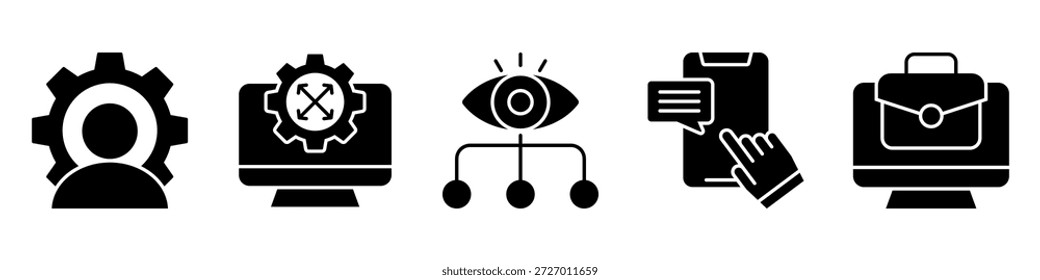 coleção de conjuntos de ícones de função de gerenciamento, para o conceito de controle de negócios com ícones executivo, controle, supervisão, interação, trabalho. ilustração de glifo de vetor simples