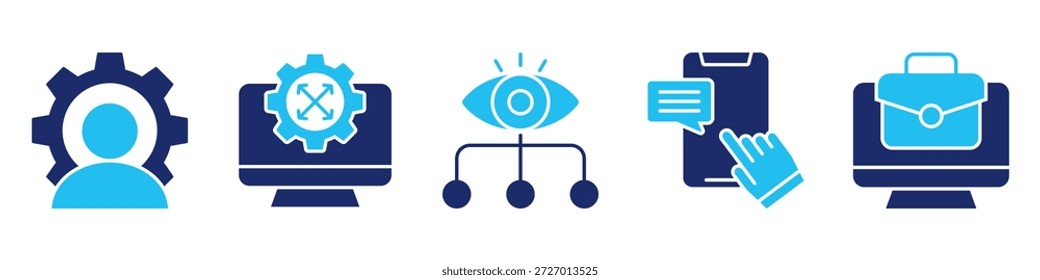 colección de conjunto de iconos de rol de administración, para concepto de control comercial con iconos ejecutivo, control, supervisión, interacción, trabajo. Vector simple Glifo Ilustración de duotono