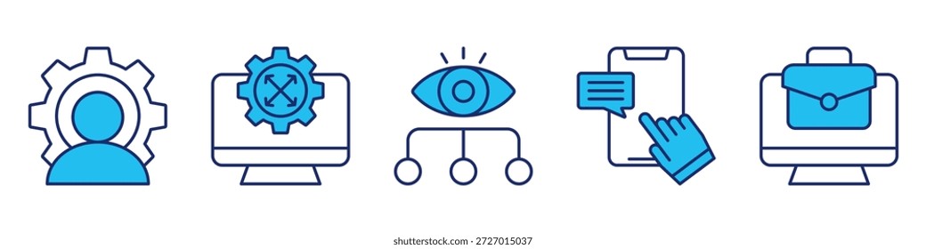 coleção de conjunto de ícones de função de gerenciamento, para conceito de controle de negócios com ícones executivo, controle, supervisão, interação, trabalho. ilustração de estilo azul vetor simples